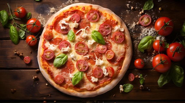 deliciosa pizza italiana tradicional con jamón de tomate sobre un fondo de madera