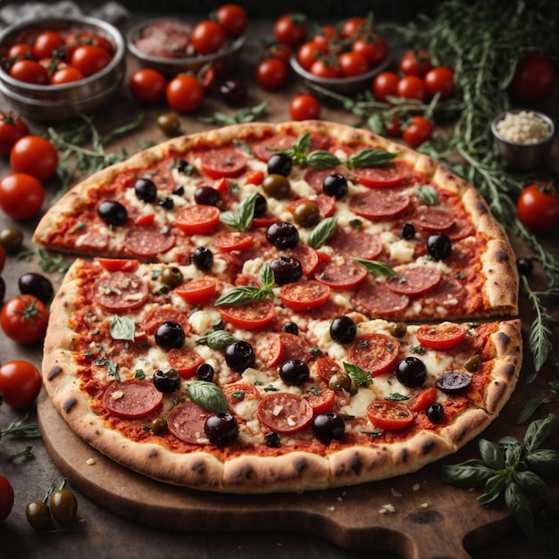 Foto deliciosa pizza llena de tomates salami y aceitunas