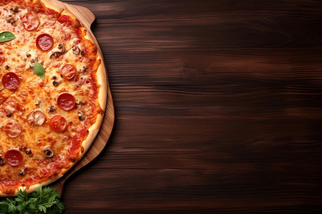 Foto una deliciosa pizza en una mesa de madera