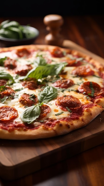 Una deliciosa pizza de pepperoni con albahaca en una tabla de madera