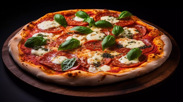 Deliciosa pizza de pepperoni compuesta con dientes de ajo, puré de tomate, hojas de albahaca, ricota seca o