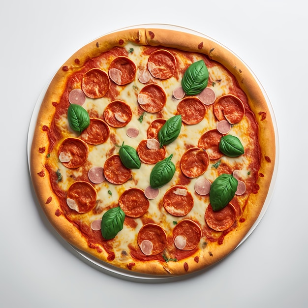 Foto deliciosa pizza de pepperoni sobre fondo blanco.
