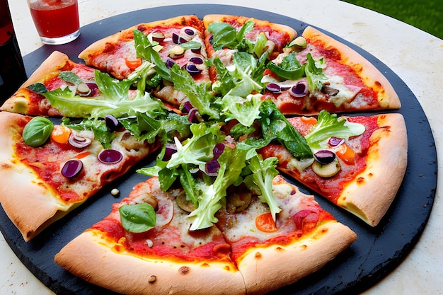 Deliciosa pizza a la piedra con ensalada y bebidas.