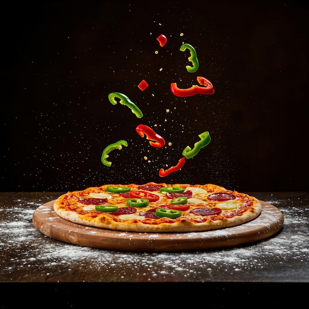 Deliciosa pizza con pimientos flotantes en una tabla de madera