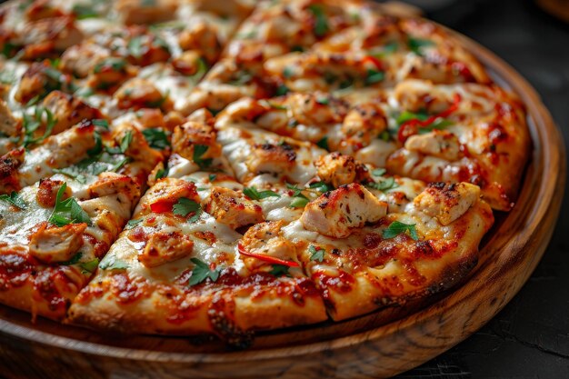 Foto deliciosa pizza de pollo picante con hierbas frescas en una tabla de madera