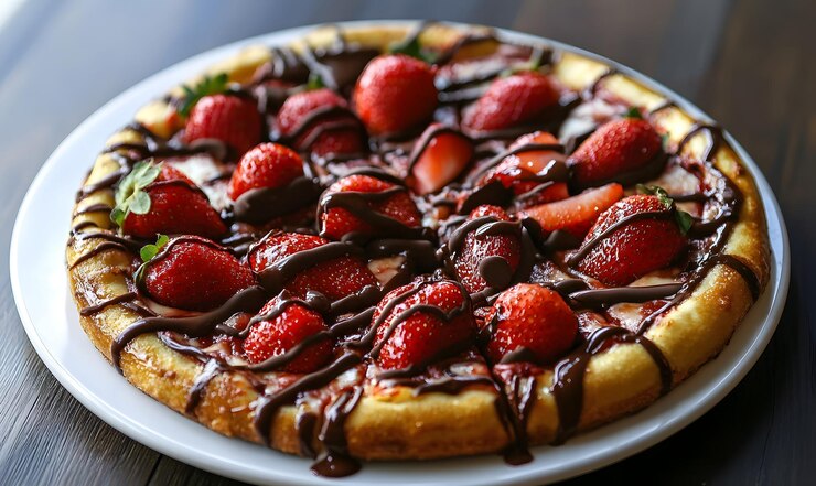 Deliciosa pizza de postre de chocolate y fresa