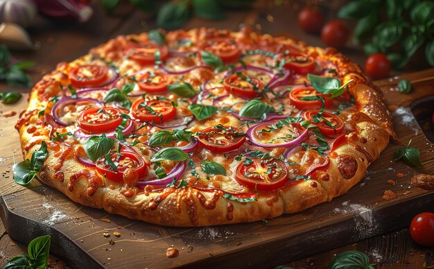 Deliciosa pizza con queso con cebolla de tomate y albahaca