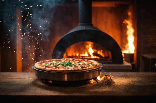 Una deliciosa pizza rodeada por el calor de un fuego