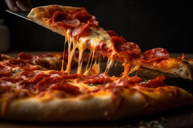 Deliciosa pizza de salami en mesa de madera con decoraciones