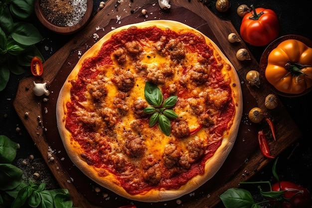 Deliciosa pizza salchicha tomate queso vista superior en la mesa de madera ilustración generativa ai