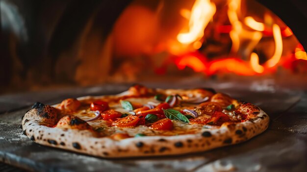 Foto una deliciosa pizza se sienta en una mesa frente a un horno de ladrillo la pizza está cubierta con queso derretido tomates frescos y albahaca