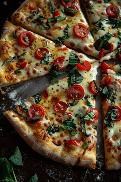Deliciosa pizza suprema con tentadoras rebanadas de fotografía de comida rápida