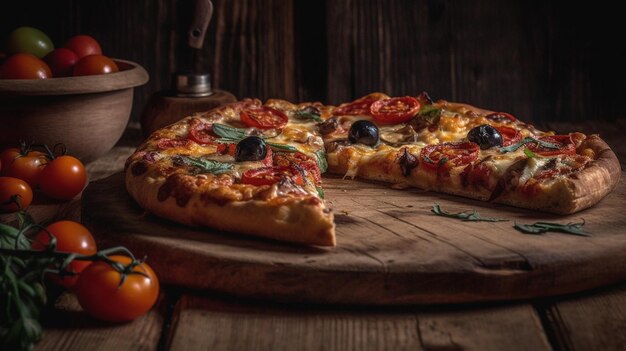 Foto deliciosa pizza en una tabla de madera con fondo negro