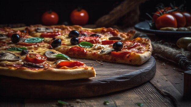 Deliciosa pizza en una tabla de madera con fondo negro