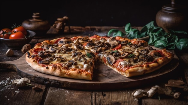 Deliciosa pizza en una tabla de madera con fondo negro