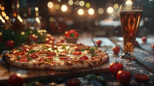 una deliciosa pizza y un vaso de oso