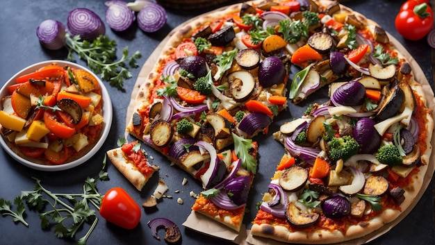 Una deliciosa pizza vegetariana de masa fina cubierta con una mezcla de verduras asadas