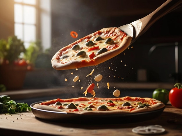 Deliciosa pizza volando fuera de la sartén en el aire en la cocina