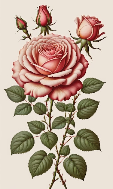 Deliciosa planta con flores de rosa como en una ilustración botánica de época