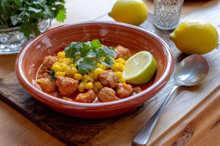 Foto deliciosa preparación de ful medames con habas y limón fresco en un bol