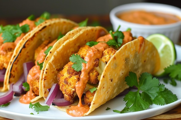 Foto deliciosa receita de tacos de couve-flor e cebola vermelha com molho chipotle