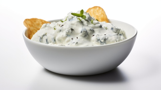 Foto deliciosa receta de salsa de queso azul con hierbas frescas y papas fritas