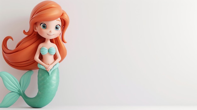 Una deliciosa representación en 3D de una linda sirena con cabello fluido, escamas relucientes y una sonrisa feliz contra un fondo blanco nítido, perfecta para agregar un toque de encanto mágico a cualquier proyección.