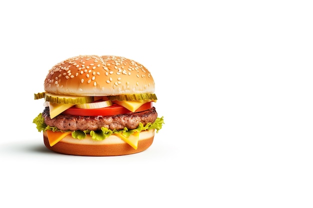 Deliciosa y sabrosa hamburguesa aislada en comida rápida de fondo blanco con espacio para copiar