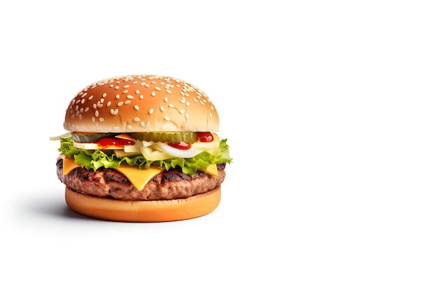 Deliciosa y sabrosa hamburguesa aislada en comida rápida de fondo blanco con espacio para copiar