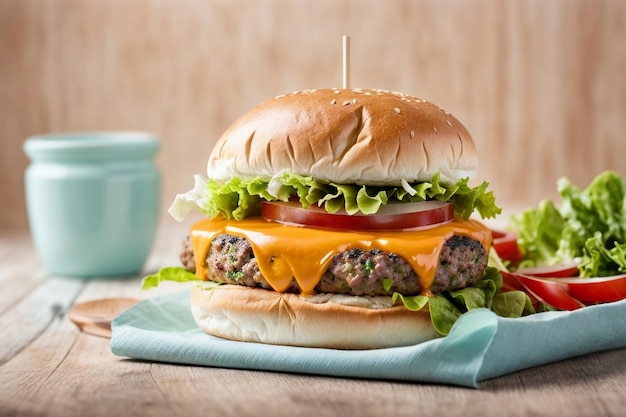 Deliciosa y sabrosa hamburguesa tradicional con queso y lechuga