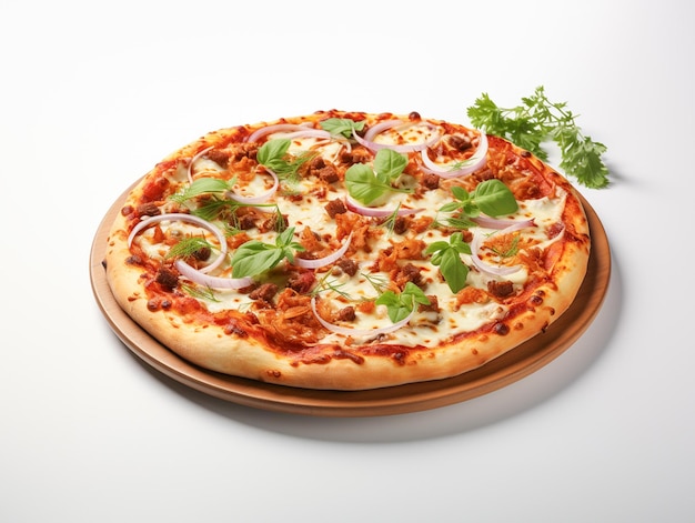 Deliciosa y sabrosa pizza italiana con fondo blanco