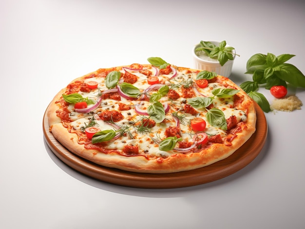 Deliciosa y sabrosa pizza italiana con fondo blanco