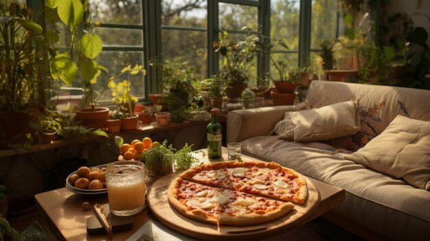 Una deliciosa y sabrosa pizza italiana con tomates y mozzarella en una mesa muy bien servida