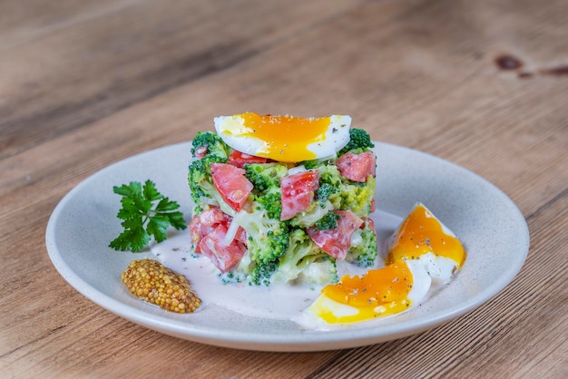 Deliciosa salada com cebola tomate brócolis e ovo cozido com molho de creme no prato fundo de madeira Comida saudável