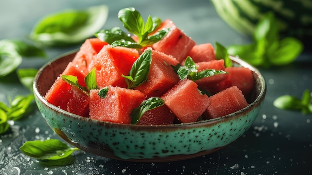 Deliciosa salada de hortelã, manjericão e melancia