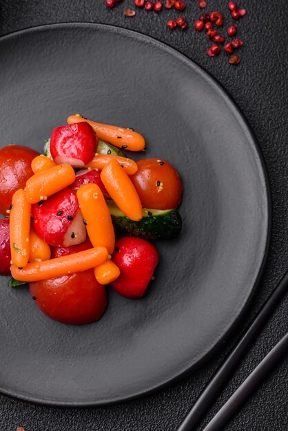 Deliciosa salada fresca e suculenta com rabanetos tomates cenouras pepinos especiarias e ervas num fundo de concreto escuro