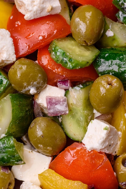 Deliciosa salada grega fresca e suculenta com queijo feta, azeitonas, tomate, pepino, pimenta, sal e especiarias sobre um fundo escuro de concreto