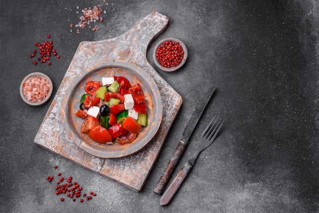 Deliciosa salada grega suculenta fresca com queijo feta azeitonas pimentões e tomates