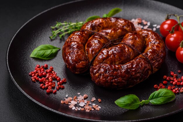 Deliciosa salchicha a la parrilla en forma de anillo con especias saladas y hierbas