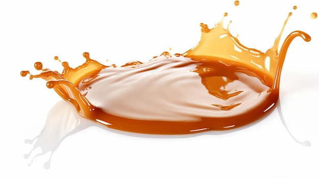 Deliciosa salsa de caramelo salpicando sobre un fondo blanco creando un regalo tentador