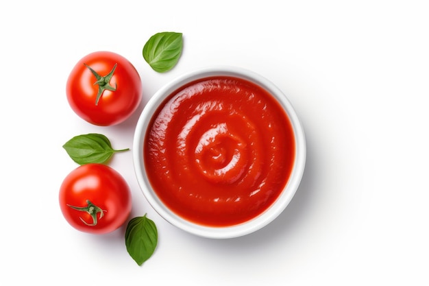 Foto deliciosa salsa de tomate rojo o ketchup en un tazón de cerámica sobre fondo blanco generado por ia