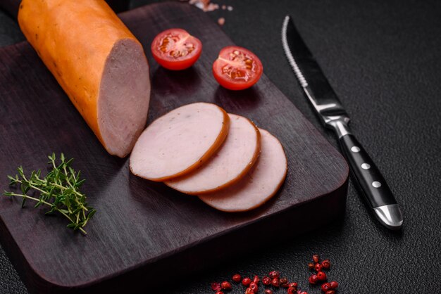 Deliciosa salsicha de frango defumado com especiarias salgadas e ervas sobre um fundo escuro de concreto