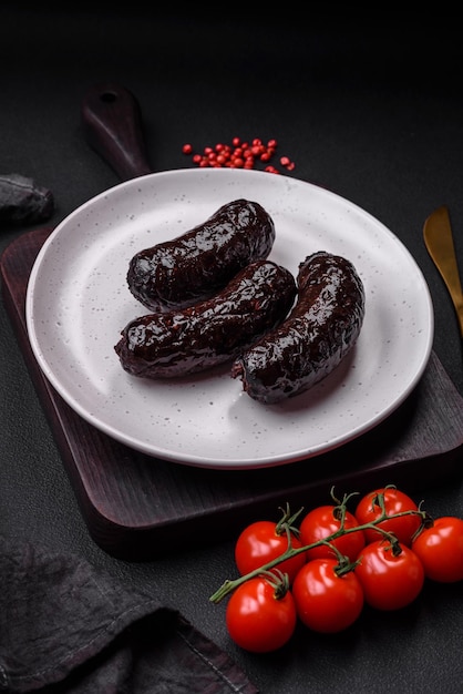 Foto deliciosa salsicha de sangue preto ou morcela com especiarias e ervas