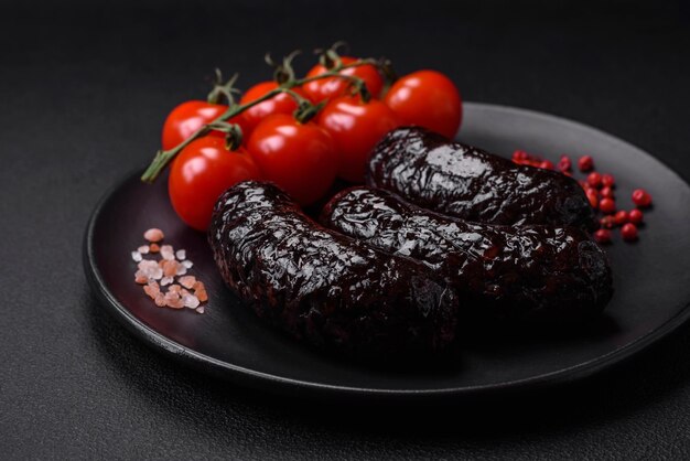 Foto deliciosa salsicha de sangue preto ou morcela com especiarias e ervas