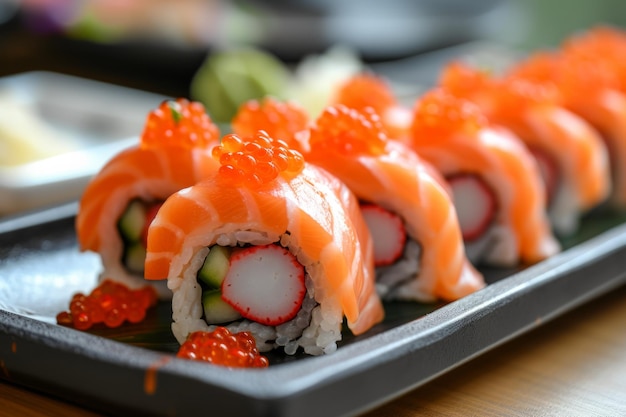 Deliciosa selección de sushi con salmón y caviar rojo bien presentado