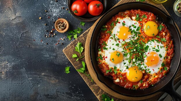 Deliciosa shakshuka com ovos cozidos numa panela de ferro fundido