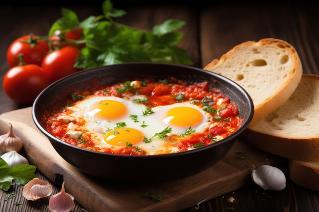 Deliciosa shakshuka en sartén y productos en una mesa de madera