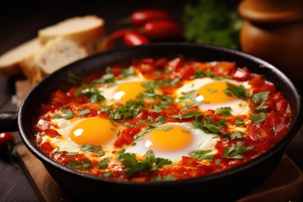 Deliciosa shakshuka en la sartén y productos en la mesa de madera