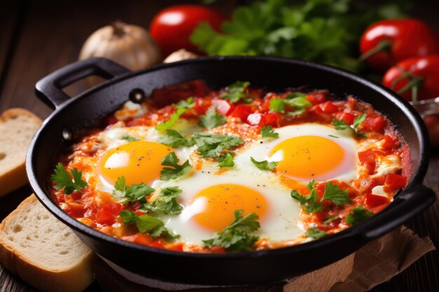 Deliciosa shakshuka en la sartén y productos en la mesa de madera