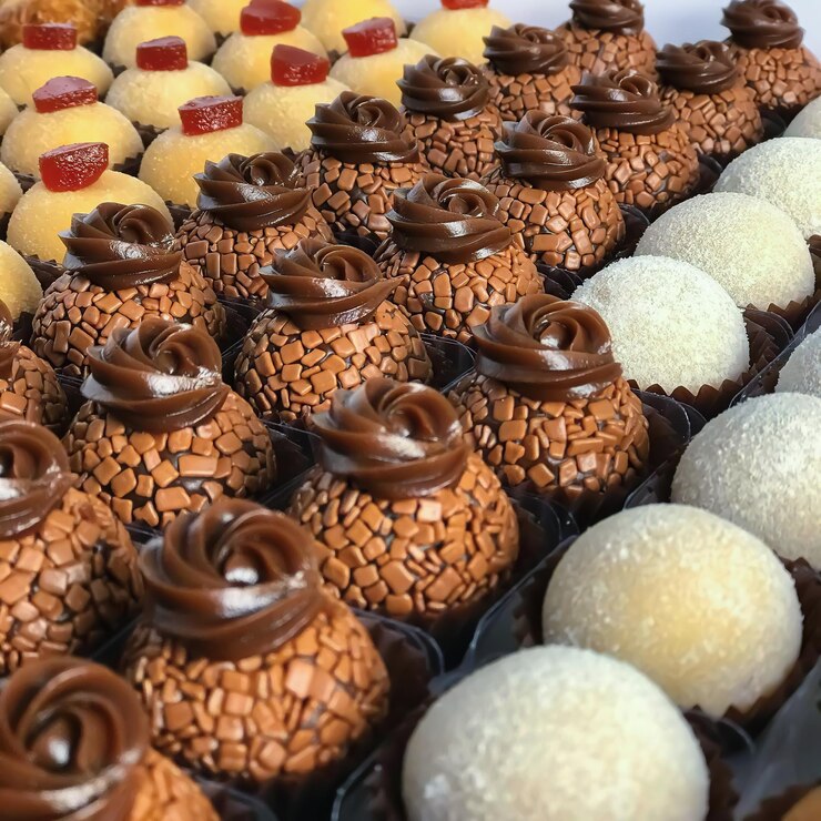 Foto deliciosa sobremesa creme chocolate derretido açúcar morango biscoitos